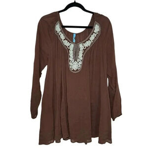 Free People Women’s Tunic Top Cover up Brown with Turquoise Embroidery Size M